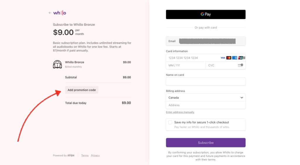 Screenshot of Whillo payment screen