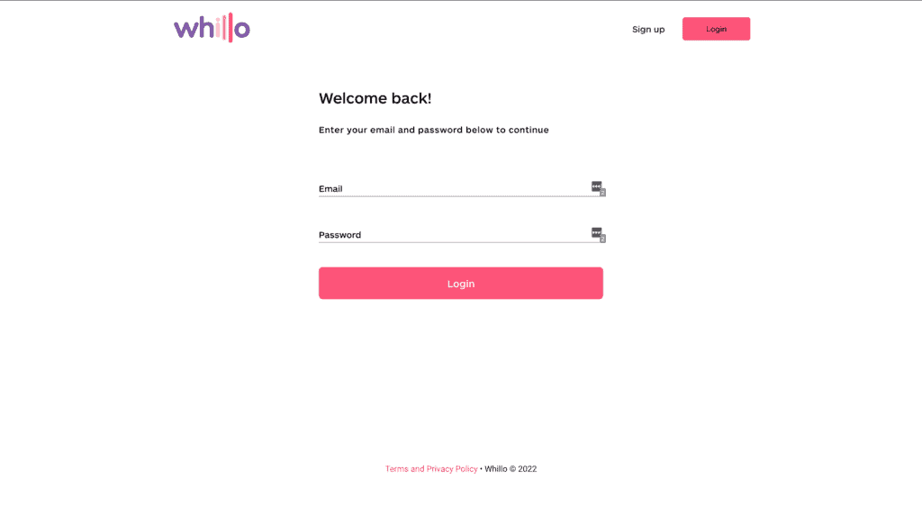 Screenshot showing login page of Whillo